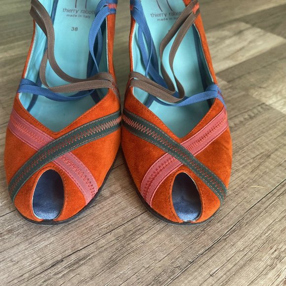 Thierry Rabotin Womens Orange Blue Peep Toe Cone Slingback Heel Sz US 7.5 EUR 38 - Picture 3 of 9